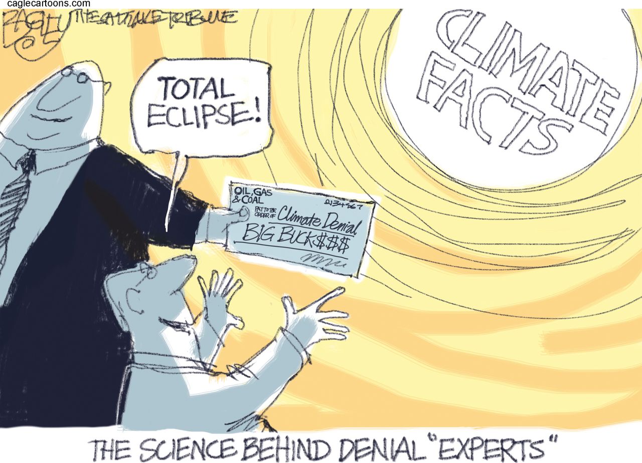 Political cartoon U.S. Climate change deniers solar eclipse