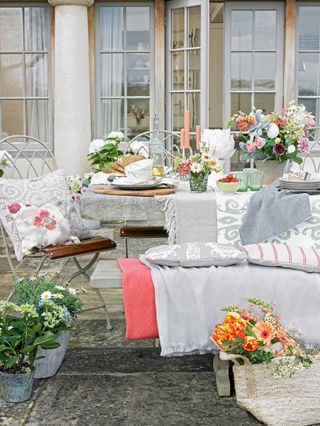pastel colored outdoor dining set-up