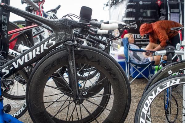 Wet TT bikes wait for riders.