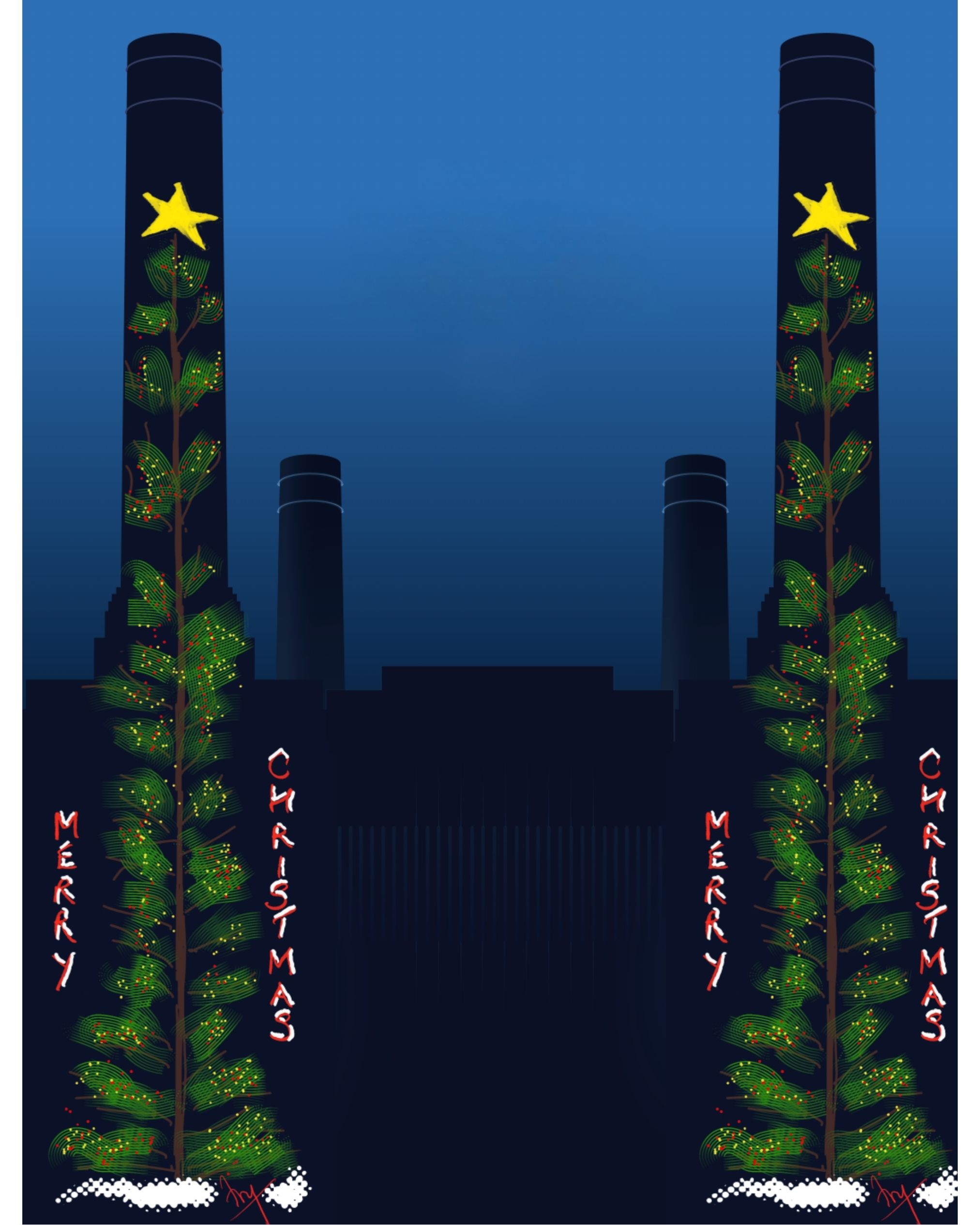 an image of Stephen Fry&#039;s Christmas drawing projected onto battersea power station