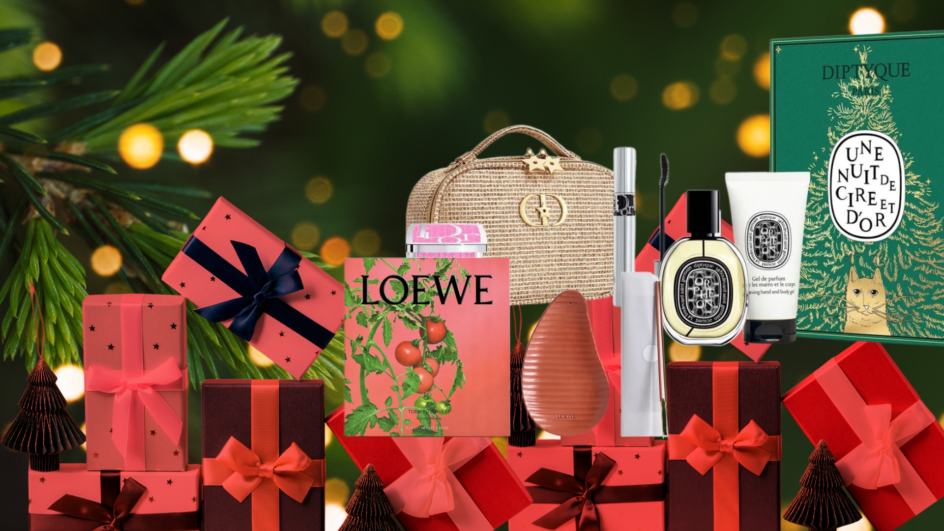 collage of christmas presents and holiday beauty gift sets from dior and diptyque