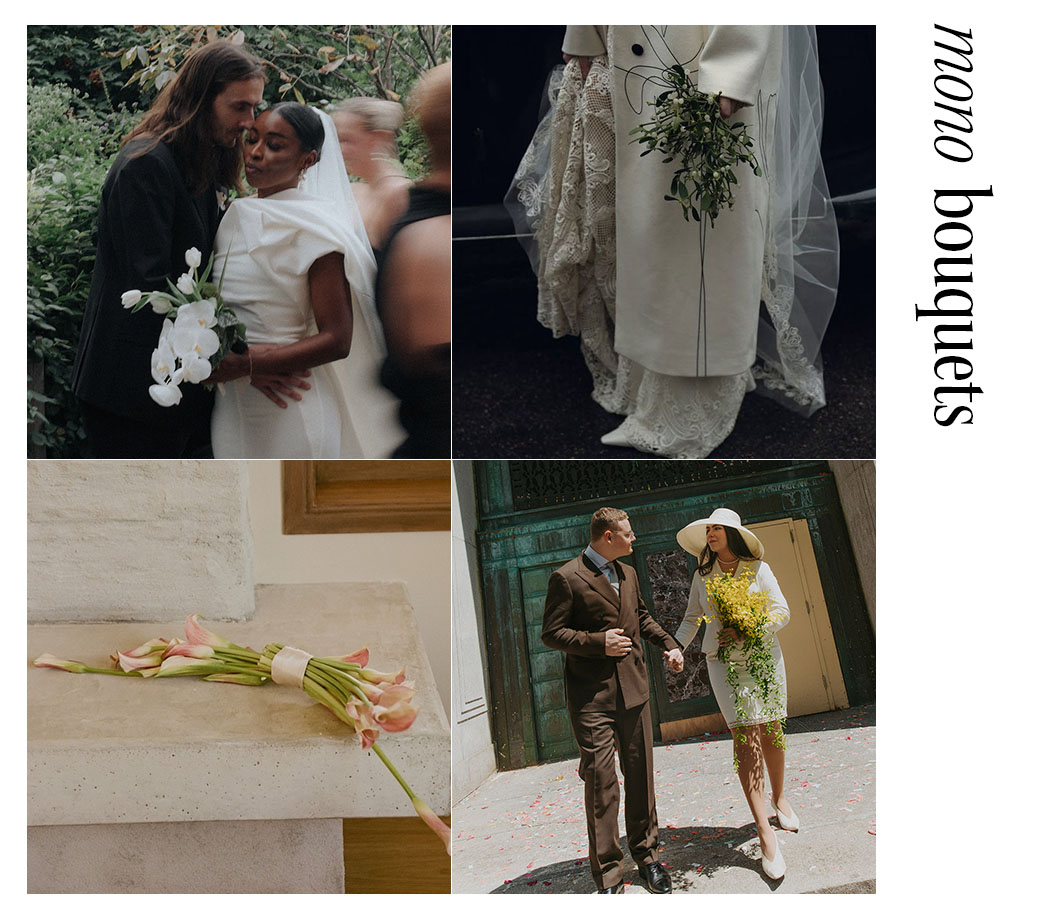 four images of the mono bouquet trend at weddings.