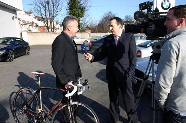 Roche is interviewed by team PR Gerard Cromwell for TV3 television
