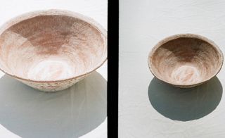 Brown ceramic bowl on a grey concrete surface, captured from above on a sunny day; LEFT: Photographed upclose; RIGHT: Photographed at a slight distance
