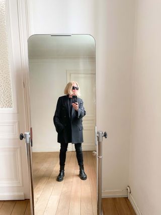 Inge Grognard selfie, at home in her new Balenciaga jacket