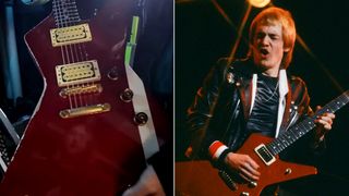 LEFT: Adrian Smith's RIGHT: Adrian Smith performs with Iron Maiden at Shinjuku Kohseinenkin Hall, Tokyo, Japan, May 1981. 