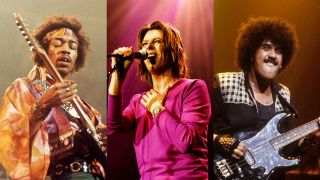 Jimi Hendrix, David Bowie and Phil Lynott onstage (composite image)