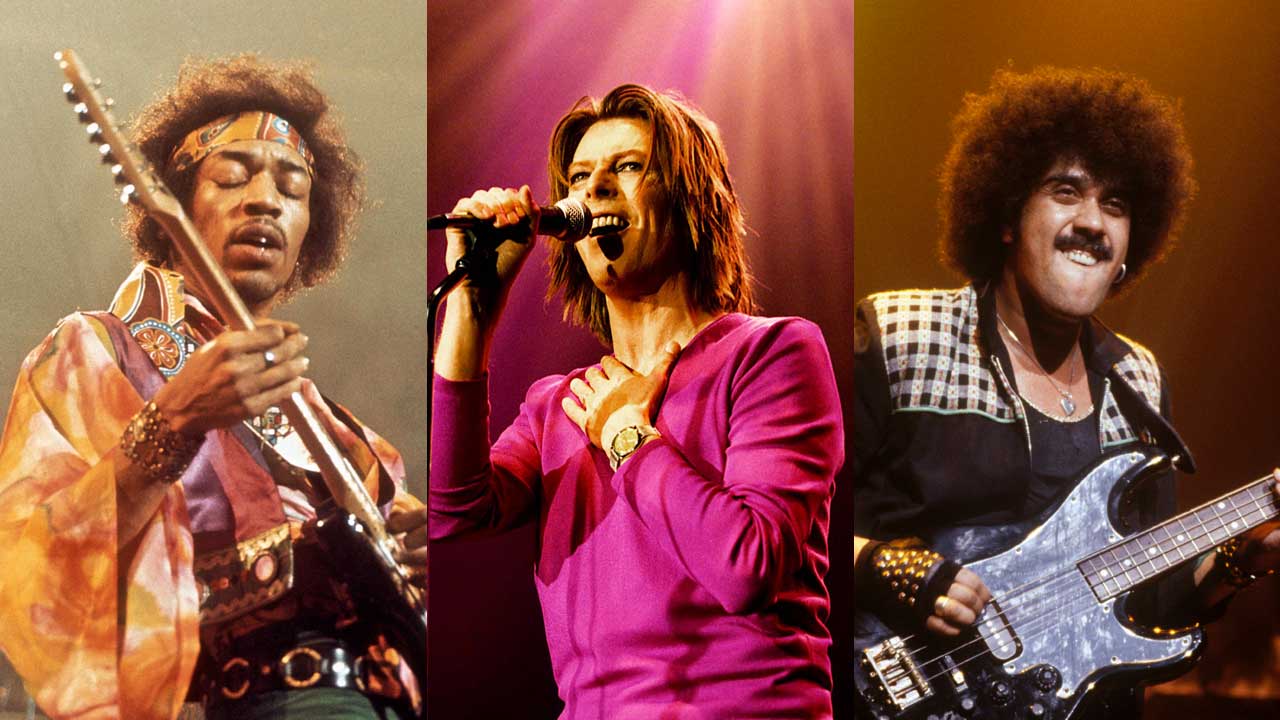 Jimi Hendrix, David Bowie and Phil Lynott onstage (composite image)