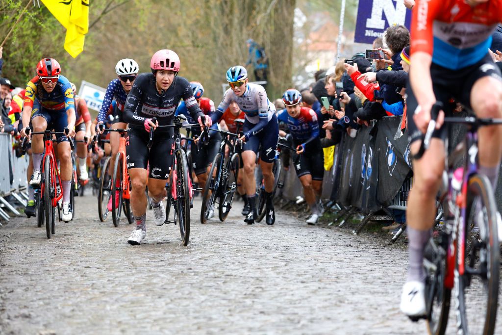 OUDENAARDE BELGIUM MARCH 31 LR Lucinda Brand of The Netherlands and Team Lidl Trek and Kristen Faulkner of The United States and Team EF EducationCannondale compete passing through the Koppenberg cobblestones sector during the 21st Ronde van Vlaanderen Tour des Flandres 2024 Womens Elite a 163km one day race from Oudenaarde to Oudenaarde UCIWWT on March 31 2024 in Oudenaarde Belgium Photo by Rafa Gomez PoolGetty Images