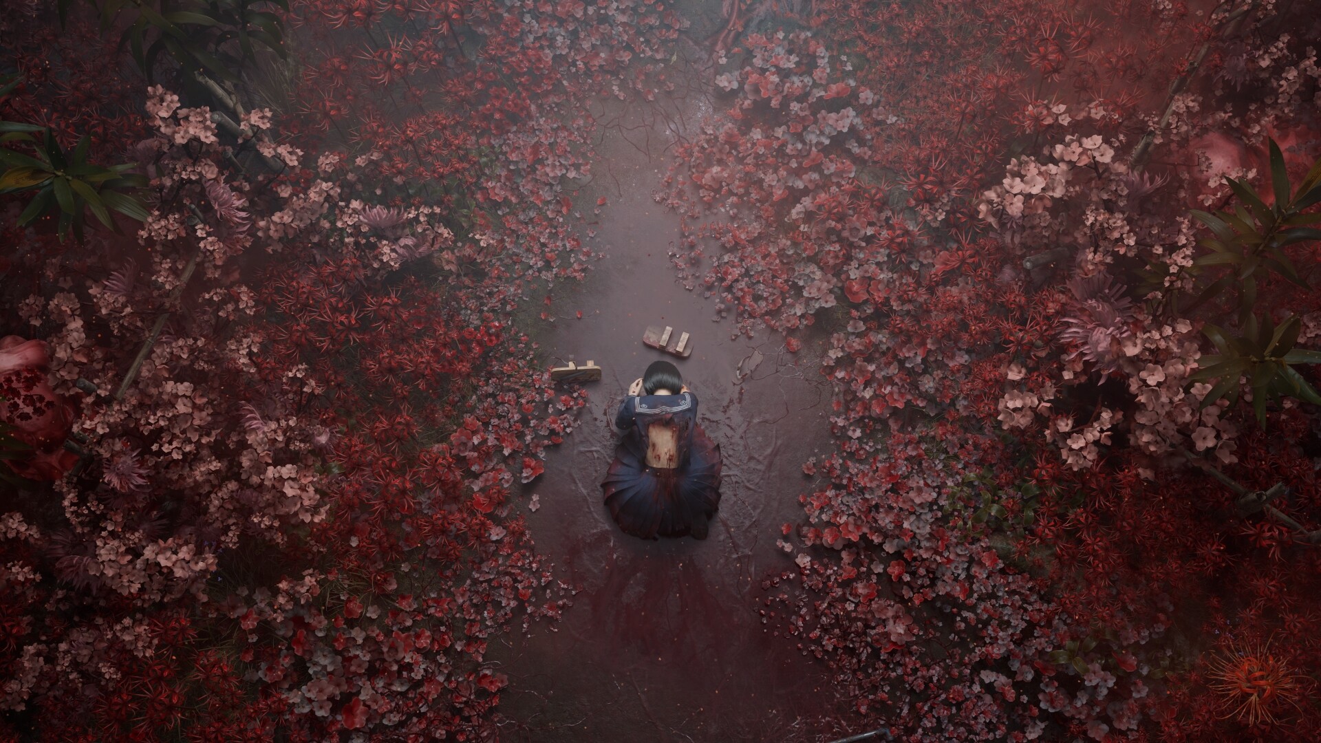 A screenshot of Hinako clutching her head while surrounded by red flowers during one of the best Steam Spring sale games, Silent Hill f.
