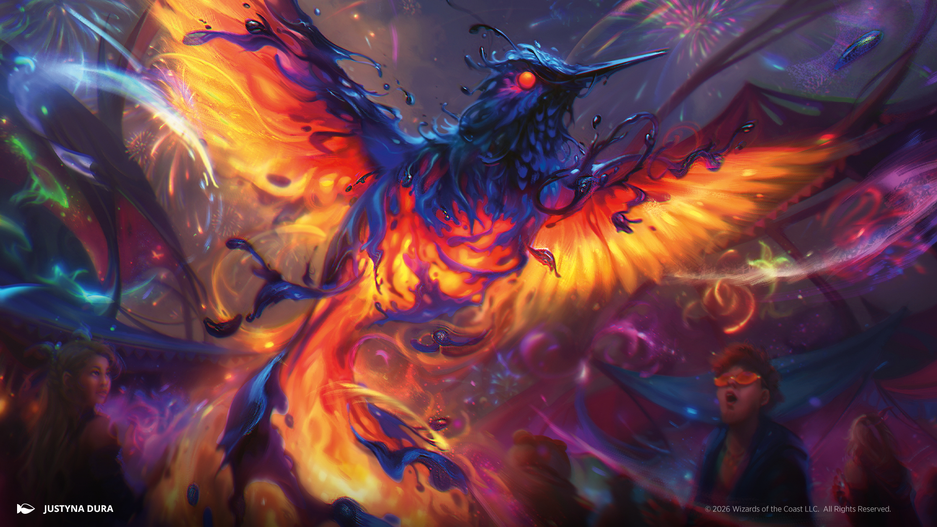 An ink-like bird flying through colorful fireworks while others look on