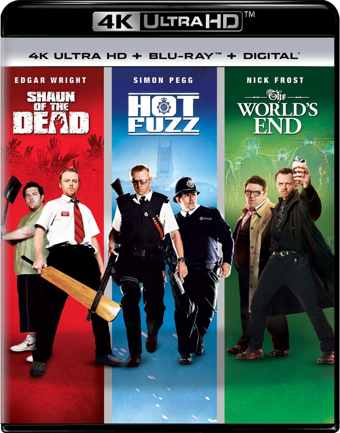 The packaging for the trilogy of Shaun of the Dead, Hot Fuzz, and The World's End