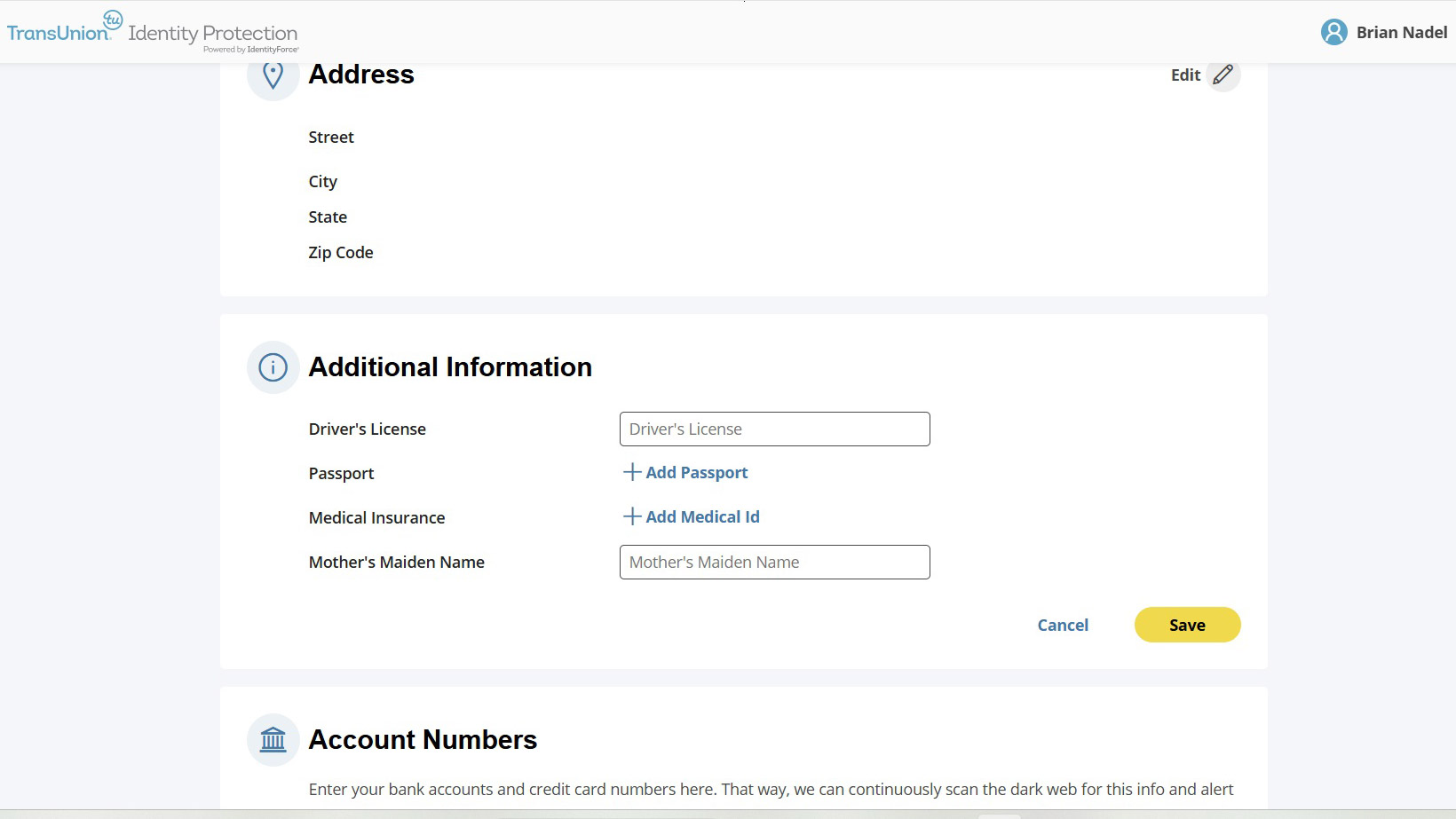 Screenshot of the IdentityForce web interface