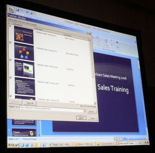 In this final of three galleries from Microsoft senior product manager Mark Alexieff's demonstration of the Office 2007 suite last Friday, we take a look at how PowerPoint and SharePoint work together across multiple clients. Here in PowerPoint 2007, you