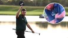 Main image of Dan Bradbury taking his hat off and waving it to the crowd at the Open de France. Inset image shows alleged anchoring incident