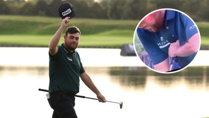 Main image of Dan Bradbury taking his hat off and waving it to the crowd at the Open de France. Inset image shows alleged anchoring incident