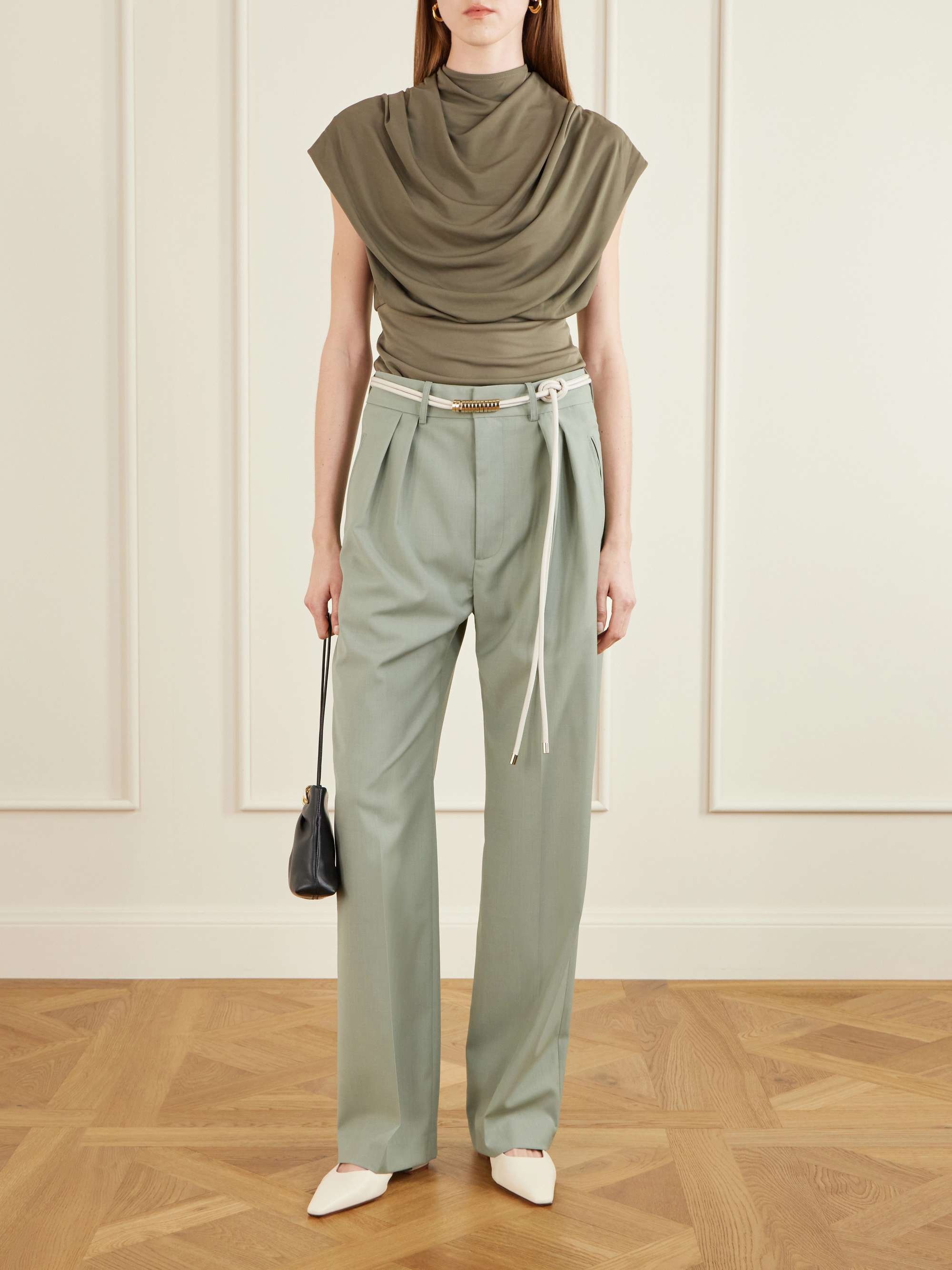 Aiden Pleated Grain De Poudre Straight-Leg Pants