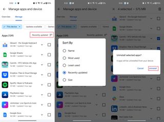 Screenshots showing how to manage apps from Google Play Store