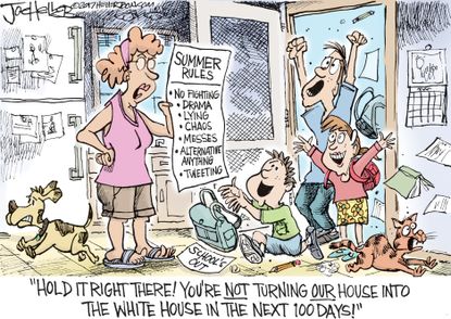 Political cartoon U.S. Trump White House rules summer vacation