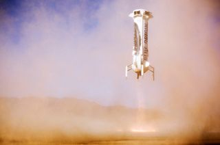 Blue Origin's New Shepard rocket approaches landing at the company's West Texas landing pad on Jan. 22, 2016 during a launch and landing test flight. It was the second flight for this New Shepard booster.