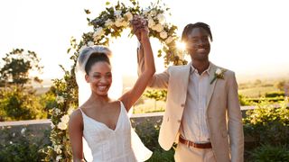 Bride and groom hold hands aloft backlit against the sun on their wedding day 