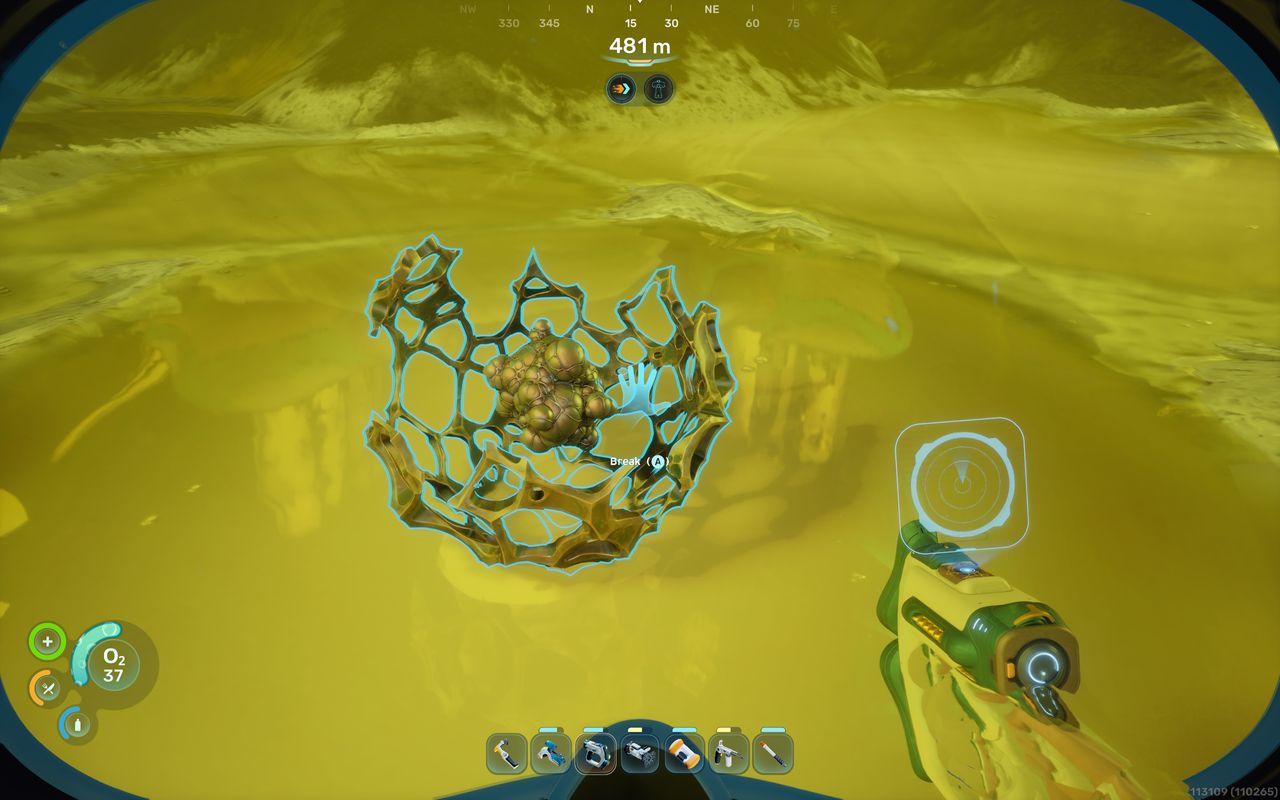Subnautica 2 Axum Bacterial Culture: A player looking at an Axum Bacterial Culture on the ground inside a glowing green/yellow pool, while holding a Bioscanner.