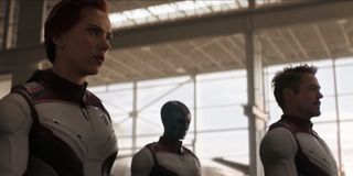 Black Widow and Iron Man preparing to pull off the time heist