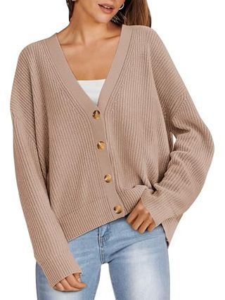 Anrabess Women Cardigan Sweaters 2024 Fall Oversized Button Open Front Knit Lightweight Cardigans Fall Outfits Outerwear Khaki Small