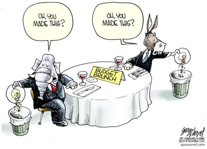Political cartoon U.S. budget spending GOP Democrats party politics