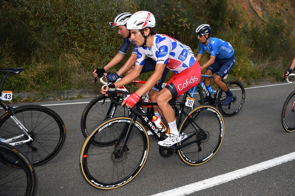 ALTO DE LA FARRAPONA LAGOS DE SOMIEDO SPAIN OCTOBER 31 Niklas Eg of Denmark and Team Trek Segafredo Guillaume Martin of France and Team Cofidis Solutions Credits Polka Dot Mountain Jersey Breakaway during the 75th Tour of Spain 2020 Stage 11 a 170km stage from Villaviciosa to Alto de La Farrapona Lagos de Somiedo 1708m lavuelta LaVuelta20 La Vuelta on October 31 2020 in Alto de La Farrapona Lagos de Somiedo Spain Photo by Justin SetterfieldGetty Images