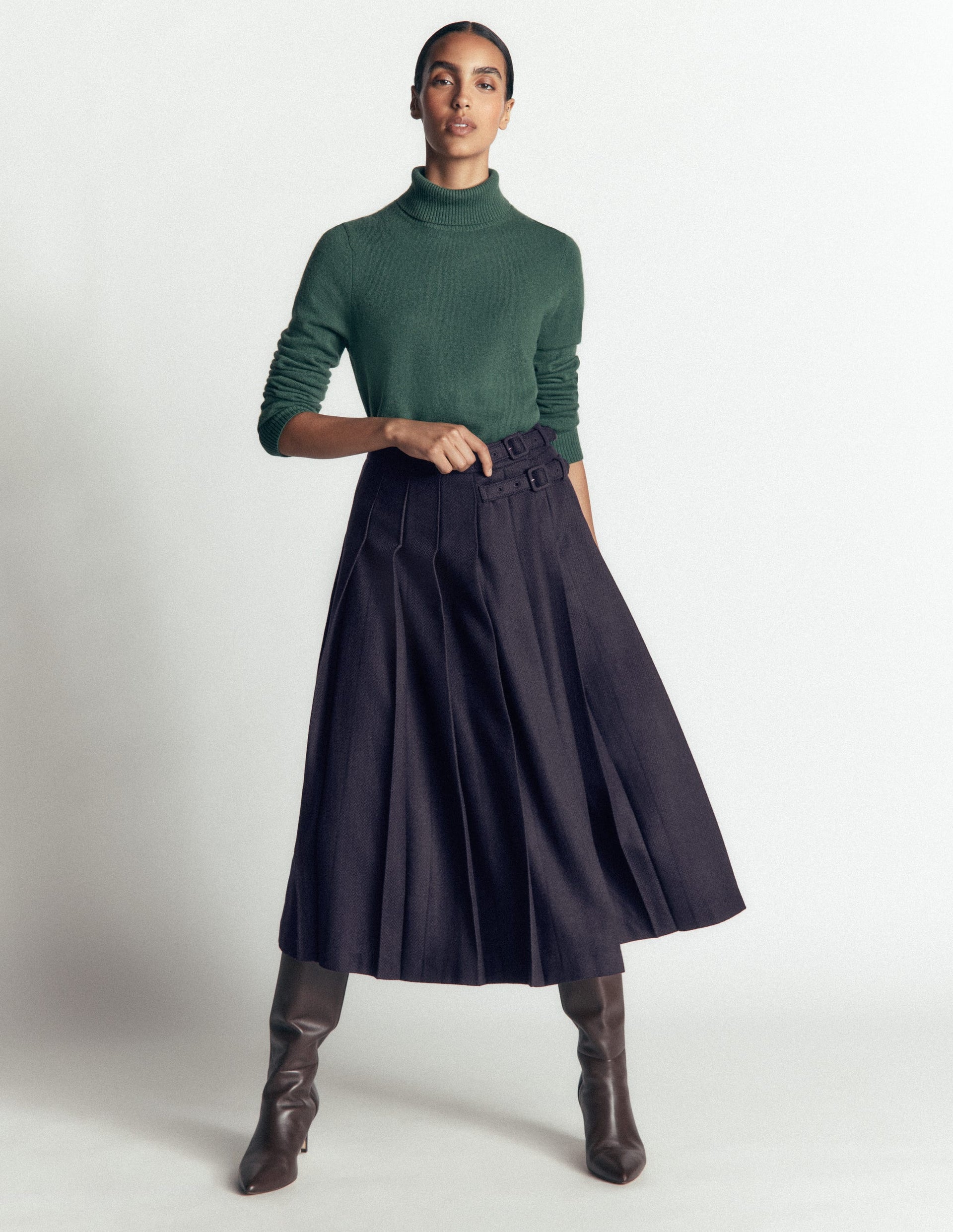 Pleated Midi Kilt-Navy Herringbone