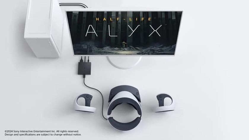 PlayStation VR 2 PC support image showing the headset connected to a PC via the new adapter, and a monitor playing Half-Life Alyx