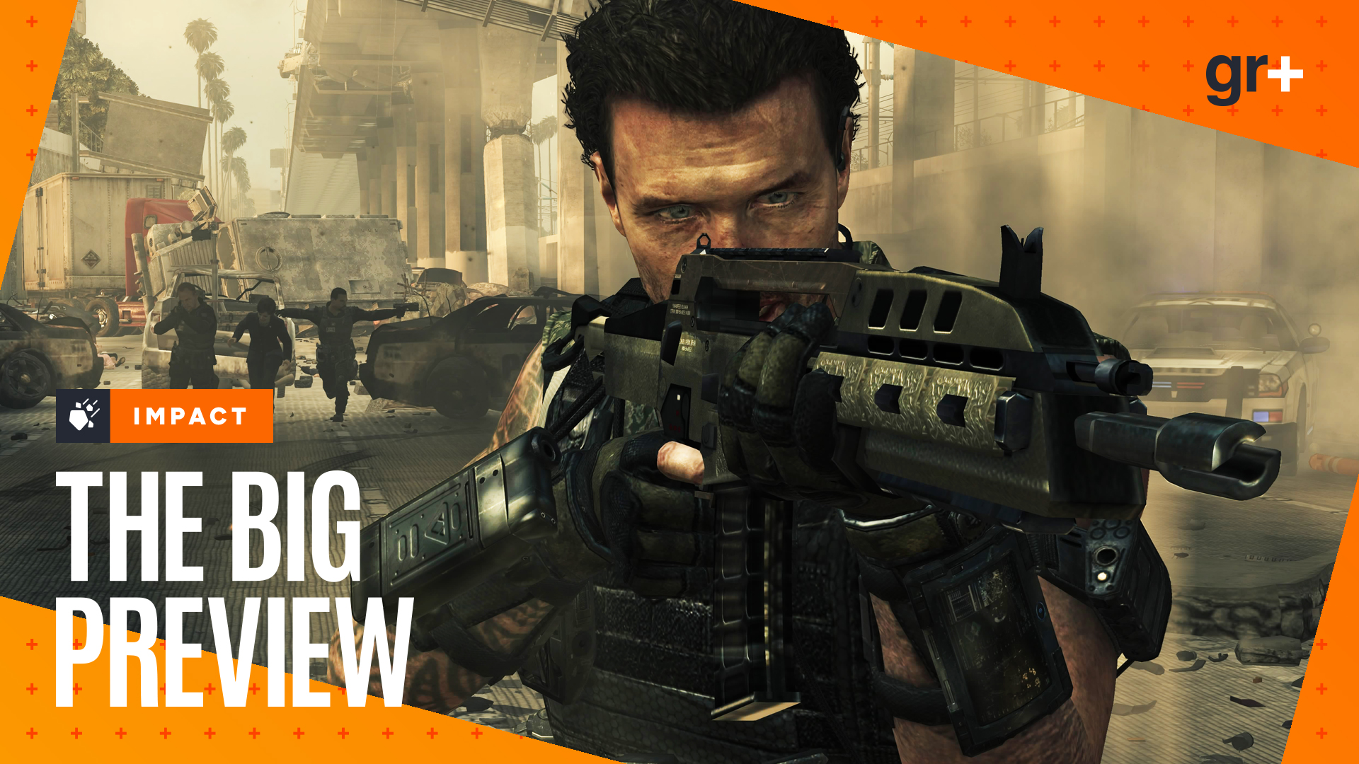 Black Ops 2 screenshot showing character with assault rifle facing camera