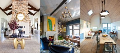 Three examples of vaulted ceiling ideas. Grand living area with feature fireplace and vaulted ceiling. Gloss gray painted vaulted ceiling in luxurious living room. Barrel vaulted ceiling cladded with light wood.