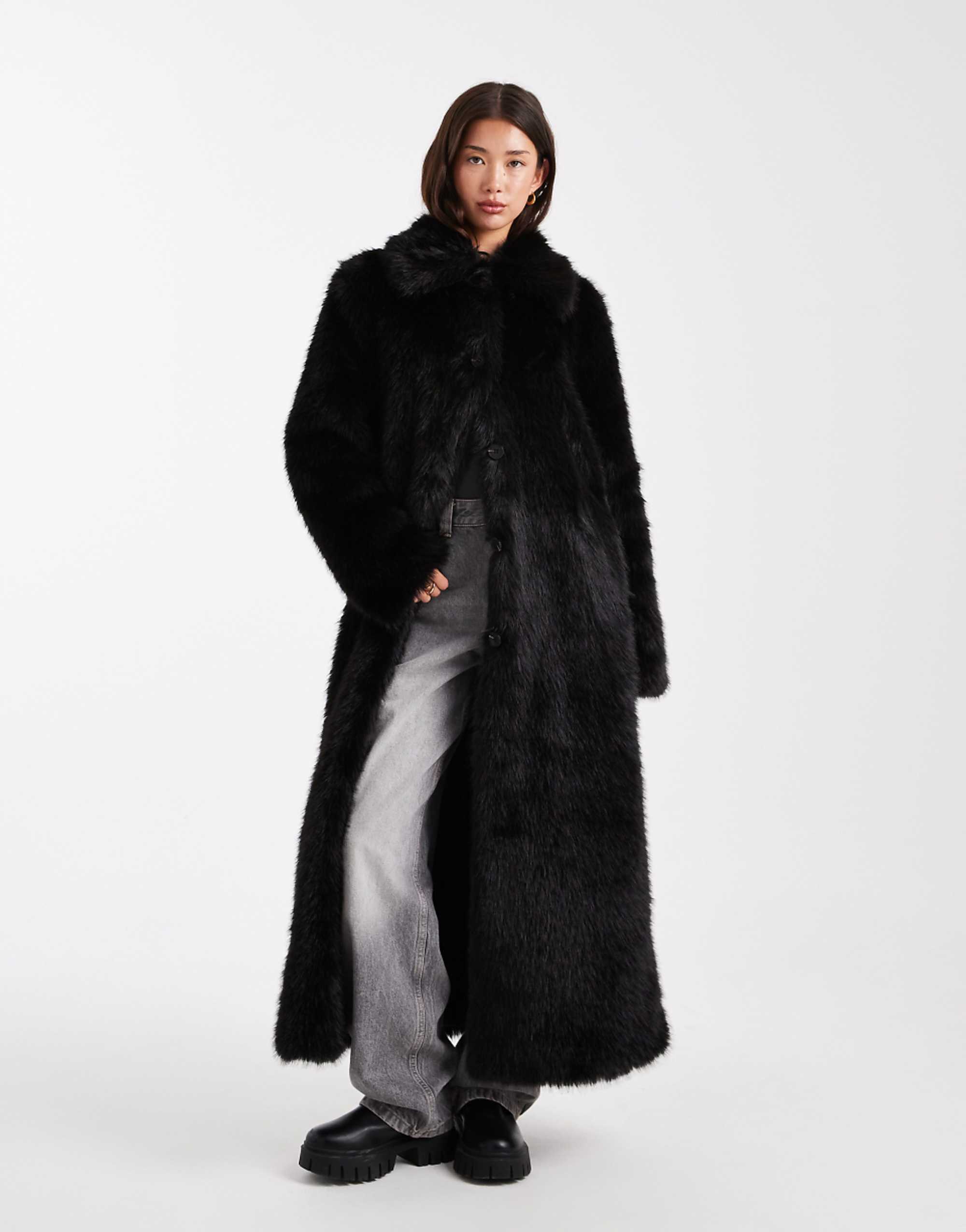 Asos Design Longline Tipped Faux Fur Car Coat in Black