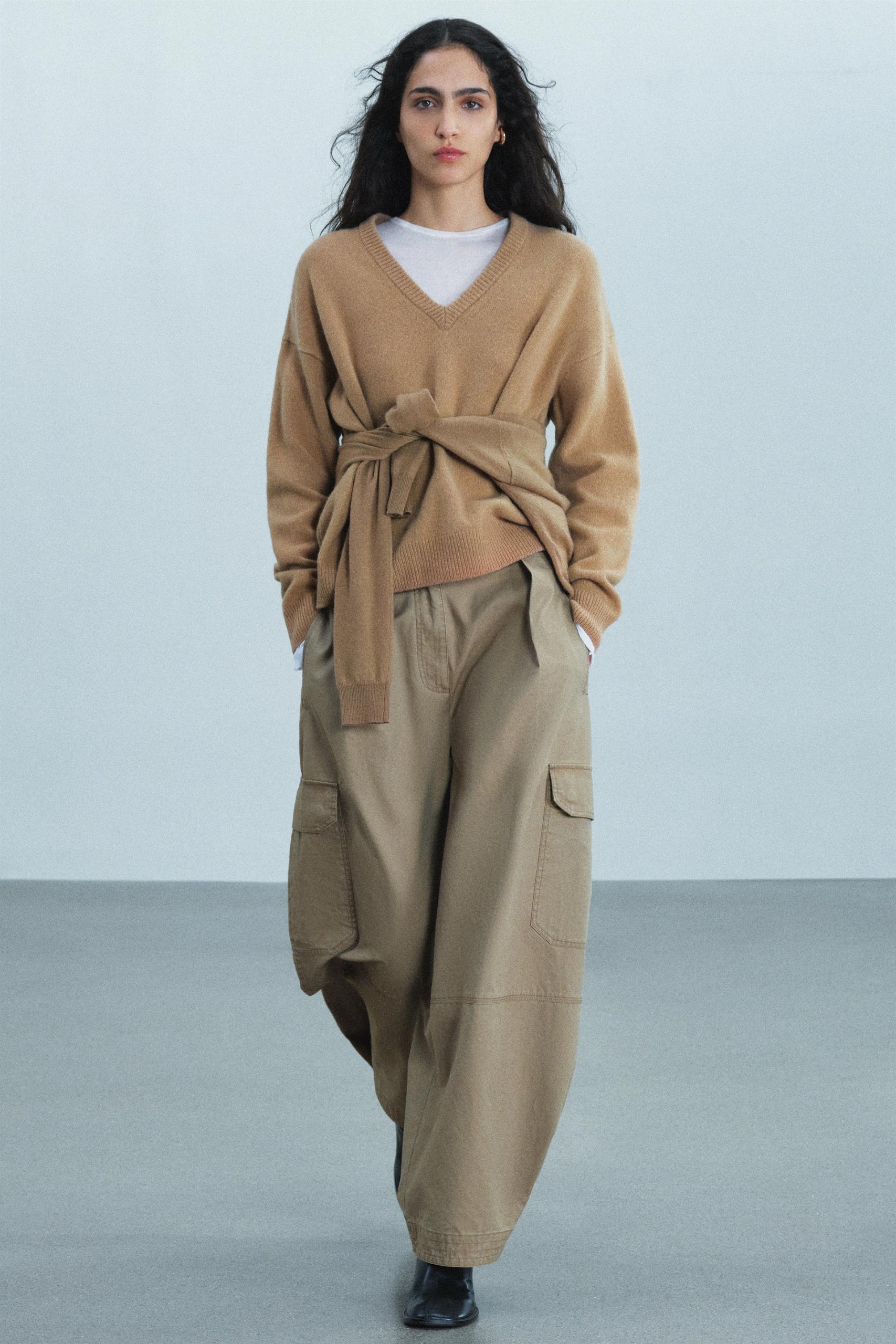 Cashmere Wool Blend Jumper V-Neck - Camel - S