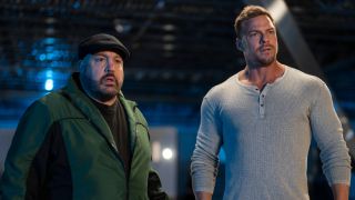 Kevin James and Alan Ritchson looking forward and confused in Playdate.