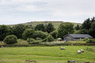 Moorland landscape with wooden cabin and green framed windows rolling hills and sheep