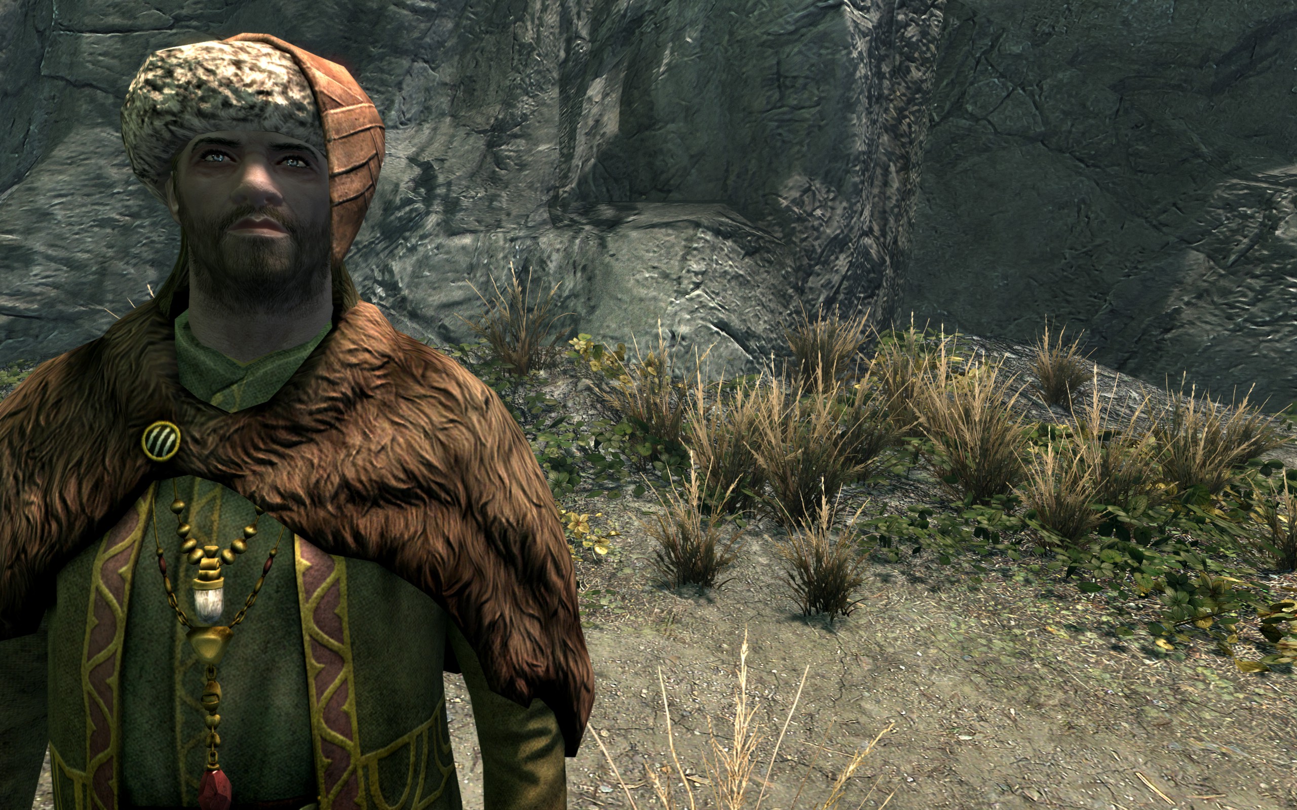 A Nord in fancy clothes stands near a patch of grass, with shadows