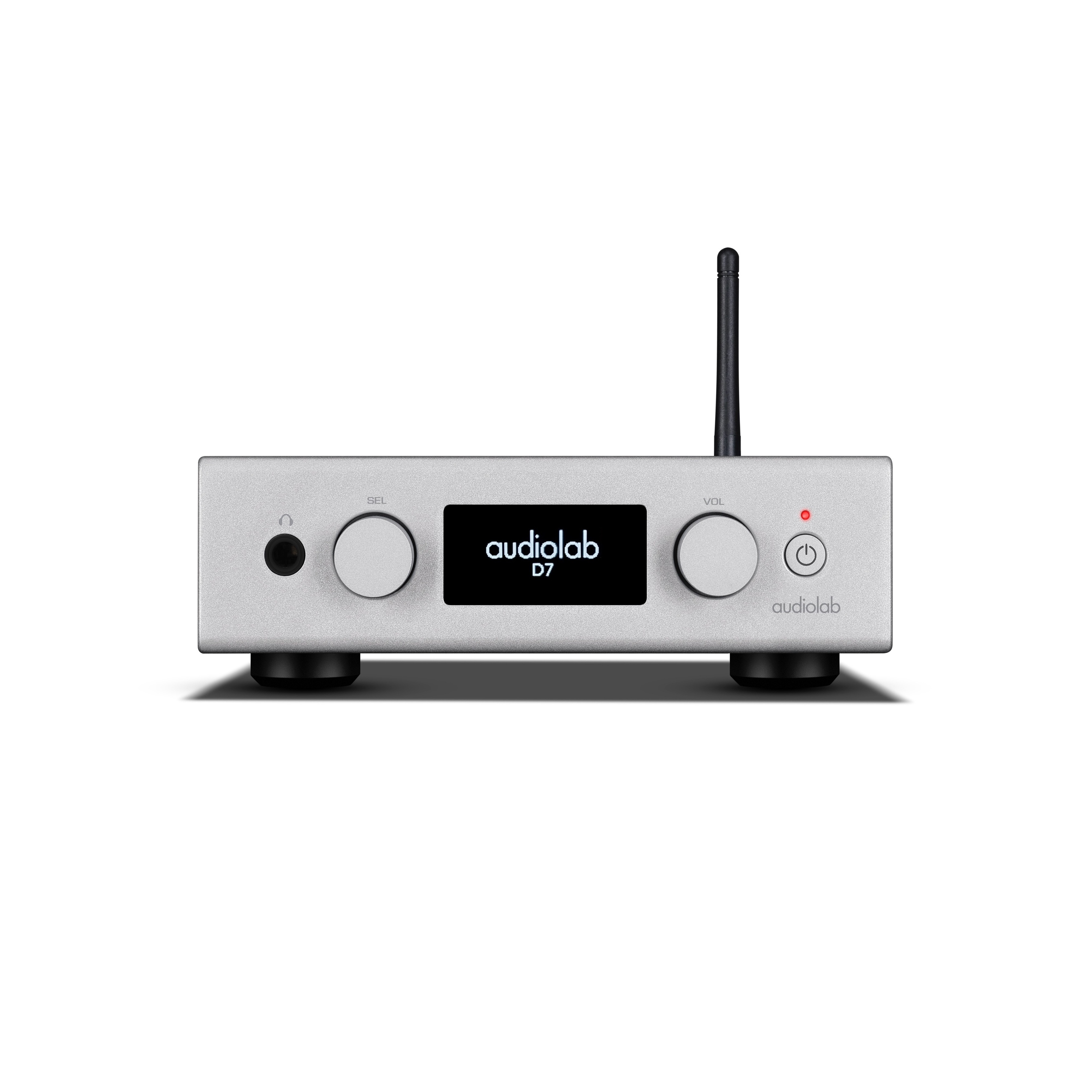 Audiolab D7 in silver on a white background