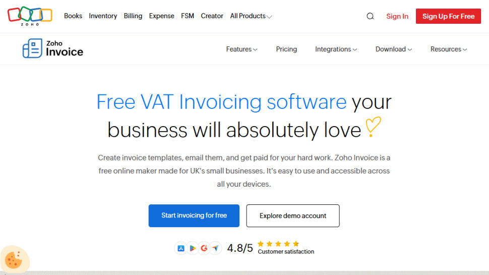 Zoho Invoice website screenshot (February 2026)