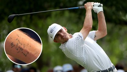 Sam Bennett taking a shot at the 2023 Masters, along with a close-up of his tattoo 