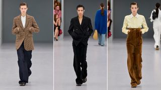 Models wearing fisherman sandals, jeans, blazer, black suit, brown suede trench coat in Loewe Spring 2024 show.