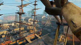 Holding onto a rope at the top of a ship in the Boston Harbor in Assassin's Creed Nexus