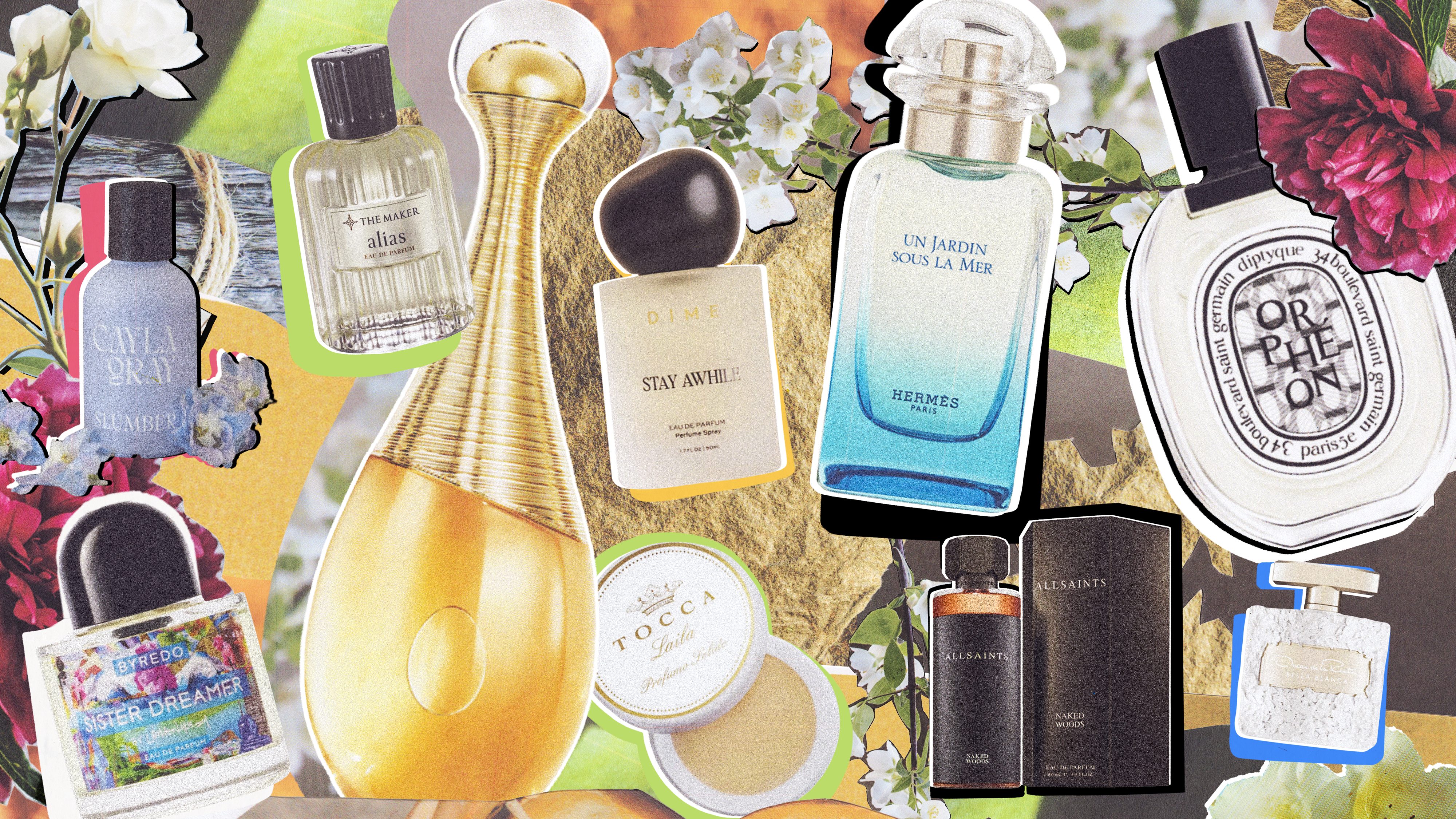 A collage of different glass fragrance bottles on an animated background with plants, flowers, and colors