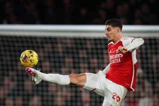 Kai Havertz controls the ball during the English Premier League football match between Arsenal and Liverpool at the Emirates Stadium in London on February 4, 2024.