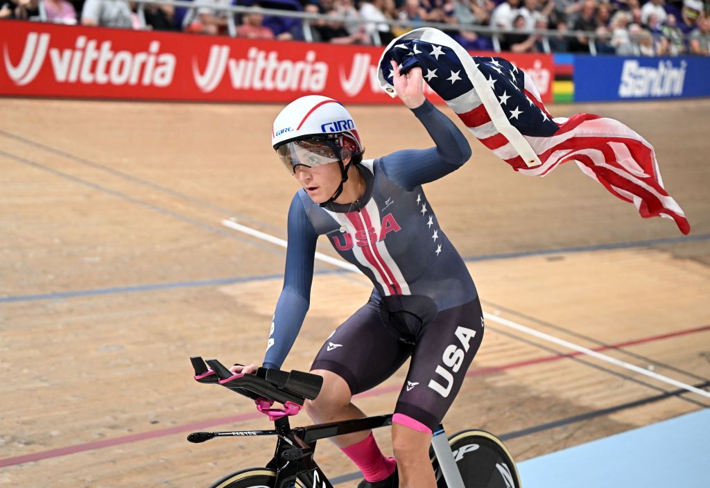 US rider Chlo&eacute; Dygert celebrates winning gold in the women's individual pursuit