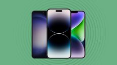 iPhone 14 Pro, Galaxy S23, and iPhone 14 on mint green background