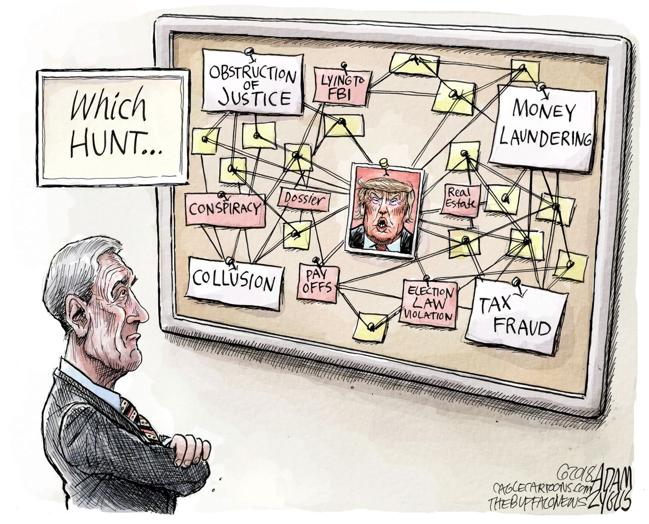 Political cartoon U.S. Mueller FBI Trump Russia investigation collusion obstruction of justice money laundering tax fraud