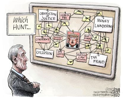 Political cartoon U.S. Mueller FBI Trump Russia investigation collusion obstruction of justice money laundering tax fraud
